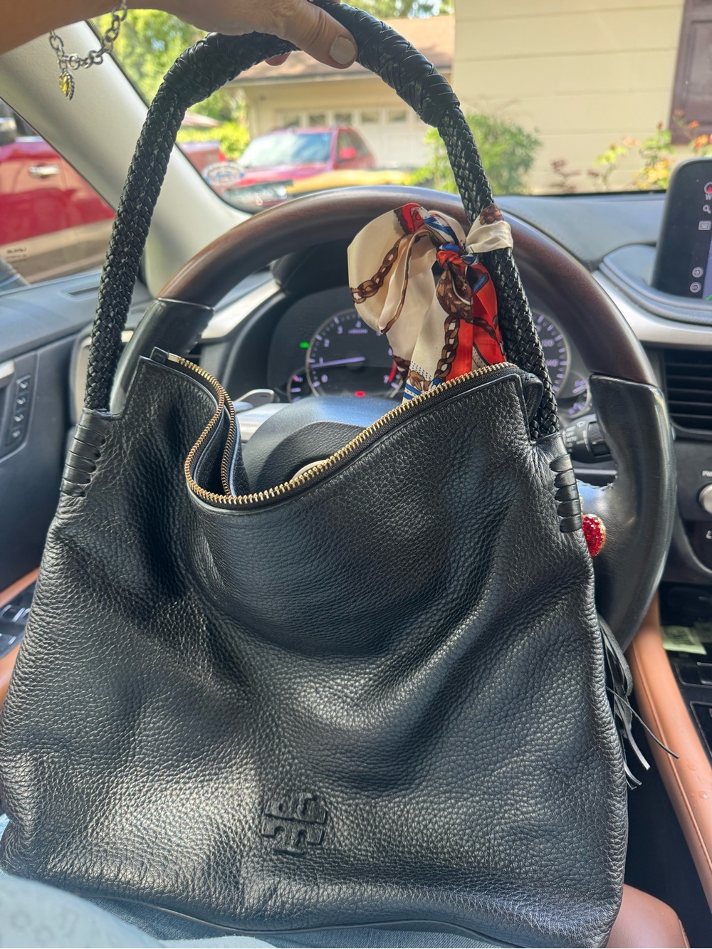 Tory Burch Black Leather Hobo Bag with Braided Handle & Tassel